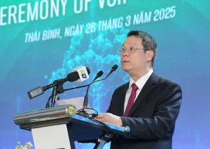 Phó Bí thư Tỉnh ủy, Chủ tịch UBND tỉnh Thái Bình Nguyễn Mạnh Hùng phát biểu tại lễ khởi công ở điểm cầu Thái Bình